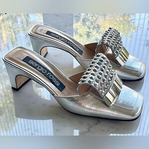 Sergio Rossi Silver Studded Mules, 2” heel, like new but modified, sz36
